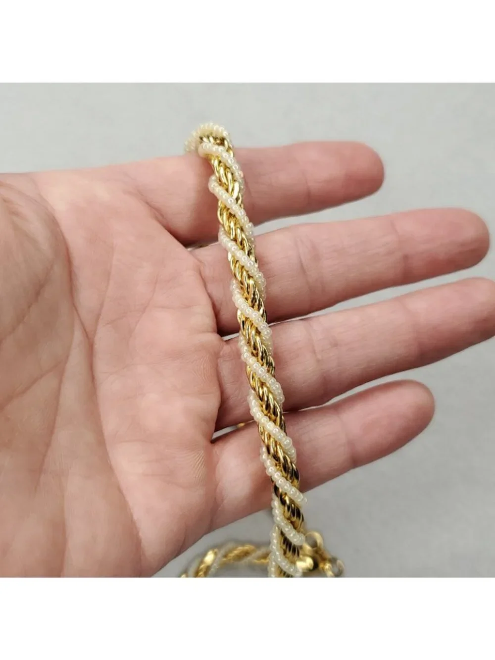 Vintage Trifari Necklace Gold Tone Faux Pearl Twisted Rope Chain 15.5